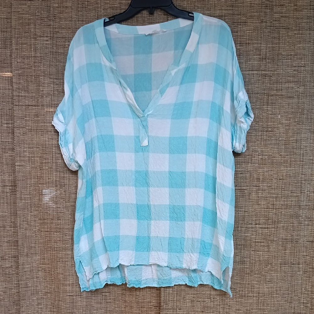 Jane And Delancey Aqua Blue and White Boxy Checkered Top